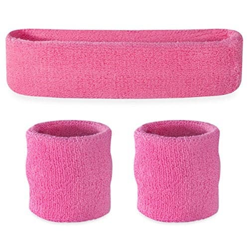 Suddora Sweatbands Set, Moisture Wicking 2 Wristbands and 1 Headband, Breathable Terry Cloth Athletic Bands for Basketball, Tennis, Yoga, Gym, Sweat Bands for Costumes and Cosplay, Pink