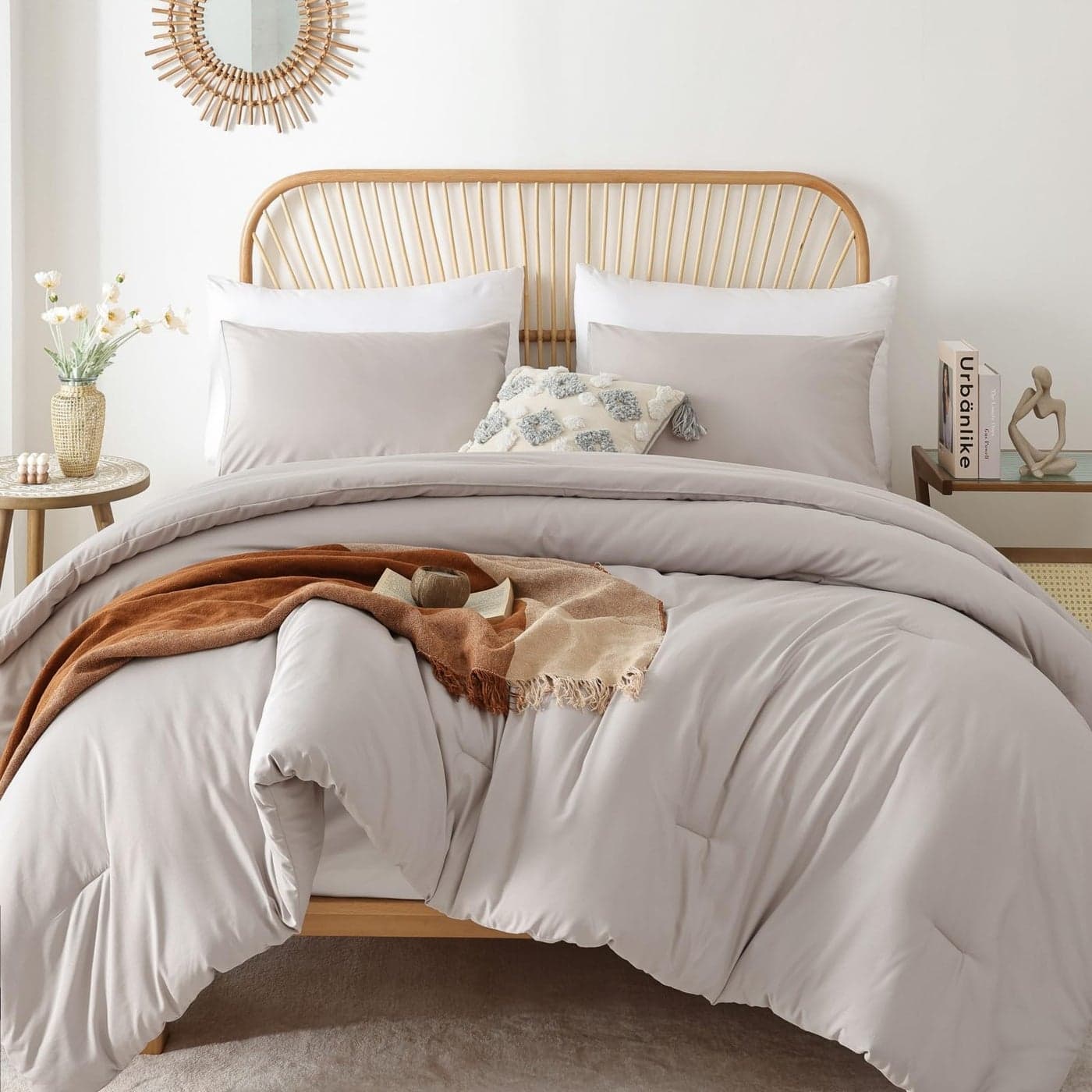 ROSGONIA King Size Comforter Set Linen Grey 3pcs1 Boho Comforter 2 Pillowcases Soft Lightweight Bedding Blanket All Season Bedspreads Quilt