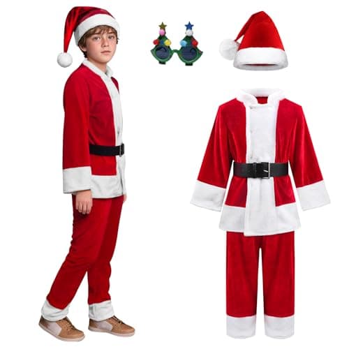 Kids Christmas Santa Costume Suit Cosplay Deluxe Plush Claus Costume for Boys Girls Halloween Christmas Party Outfits Red