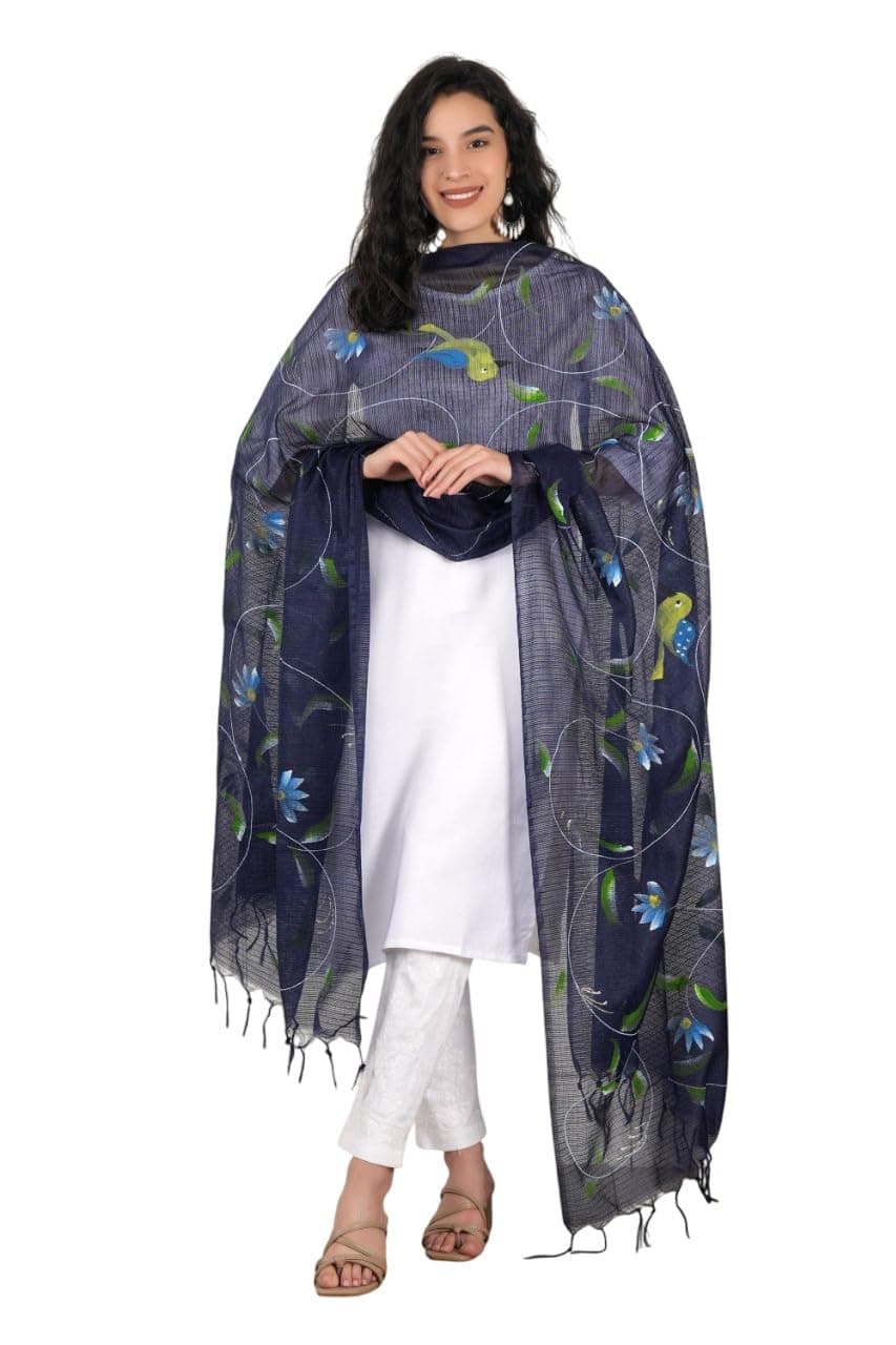 A R Silk DUPATTA HUB Women's Blue Pure Hand Painted Multicolour Floral Kota Doria dupatta for woman(ARS01178)