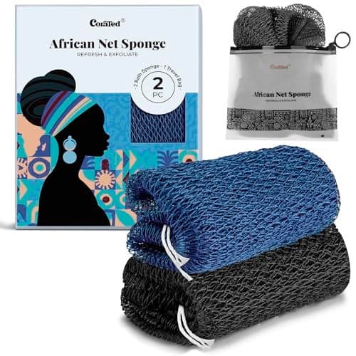 CORATED African Net Sponge Authentic, Shower Loofah Exfoliating Bath Sponge, Body Scrubber for Women and Men Daily Use Body Care, Travel Portable Bath Accessories for Bathroom (Blue & Black)