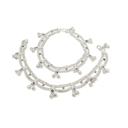 Duel On Jewel Traditional Indian Jhanjar Bell Anklet Payal Set for Women with White Stones, Jhalar Hanging Chain Design with Metal Beads, Silver Finish, 9.63-Inch, Dancing, Beach, Party, Wedding