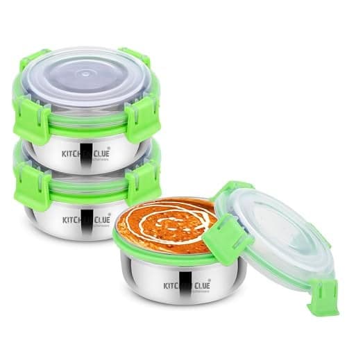 Kitchen Clue Stainless Steel Airtight & Leak-Proof Lock N Lock Lunch/Tiffin Box for Office School I 3 Pcs Lunch Container I 350 ML Each I 11cm*5cm I Bpa Free Use for Kids & Adults