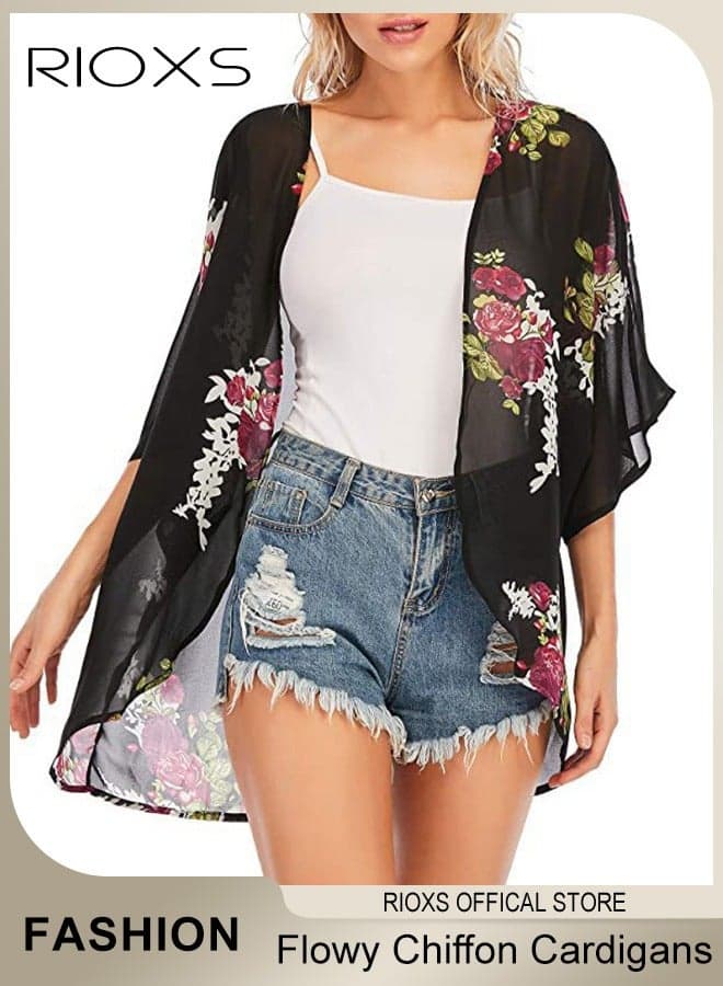 Women's Floral Beach Cover Up, Loose Fit Half Sleeve Floral Print Kimono Cardigans, Casual Summer Open Front Beach Dress Swimsuit Cover Ups, Soft Breathable Resort Wear for Casual, Office, Going Out, Beach and More