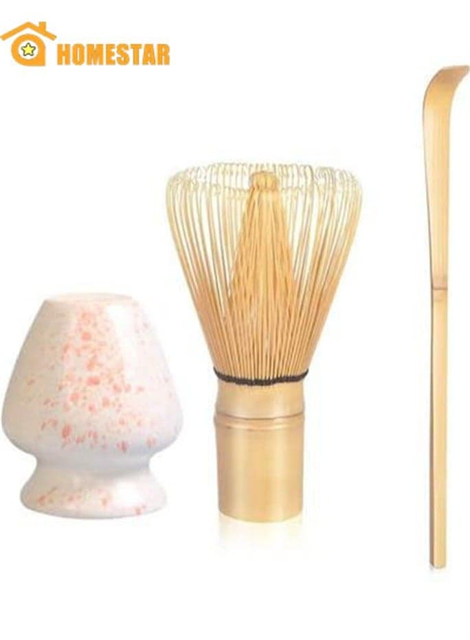 Matcha Whisk Set, 3-Piece Handmade Natural Bamboo Set (Stirrer, Spoon With Hook, Brush Placer), Falling Cherry White