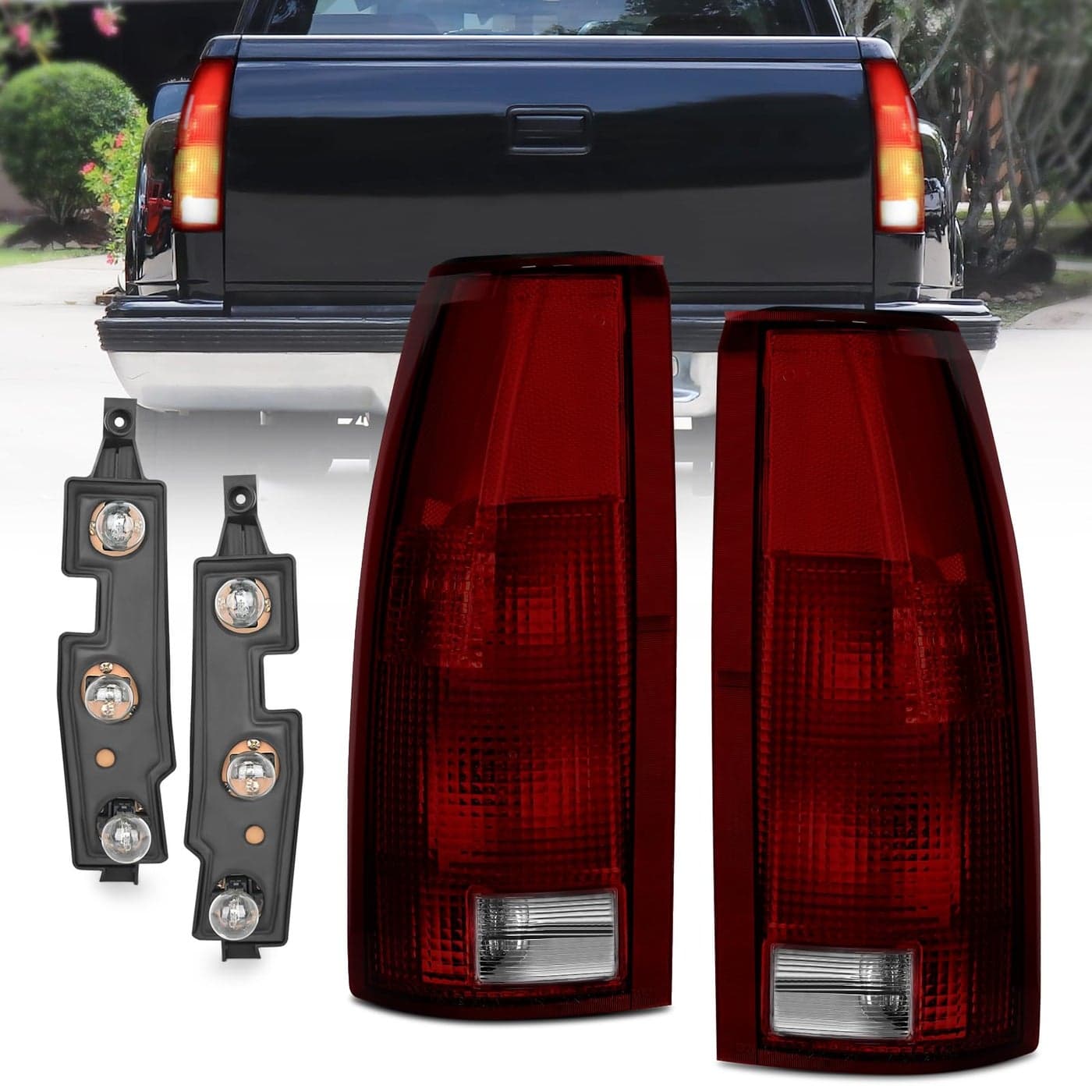 Nilight Taillight Assembly Compatible with 1988 1989 1990 1991 1992 1993 1994 1995 1996 1997 1998 1999 Chevy GMC CK Suburban Blazer Tahoe Yukon 2000 Cadillac Escalade Silverado Sierra Pair Dark Red