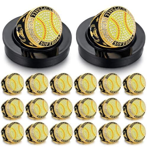 Highergo 20 Pcs Baseball Softball Basketball Football Champion Rings with Display Neck Chain and Stand Volleyball Soccer Cheer Trophy Rings Bulk for Tournament Award GiftGoldSoftball