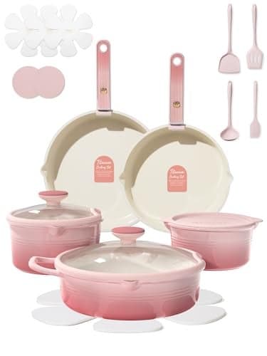 CAROTE 20Pcs Titanium Cookware Set, Pots and Pans Set Non Stick, Kitchen Cooking Set with Detachable Handle, Non Toxic Induction Cookware, Dishwasher/Oven Safe Pink