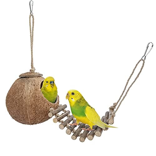 Niteangel Natural Coconut Hideaway with Ladder Bird and Small Animal Toy House with Ladder Natural Surface