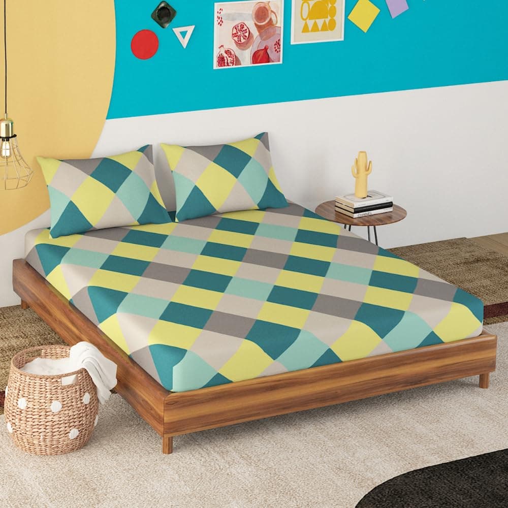 Sleepyhead Hopscotch - 144Tc Double Size Cotton Bedsheet With 2 Pillow Covers (90"X100", Green),144 TC