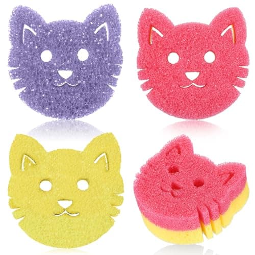 FillTouch 3 Pcs Dual Sided Scrub Sponge Multi Functional Cute Temperature Sensitive Non Scratch Dish Sponge for Washing Dishes Kitchen Bathroom(Cat,Pink, Yellow, Purple)