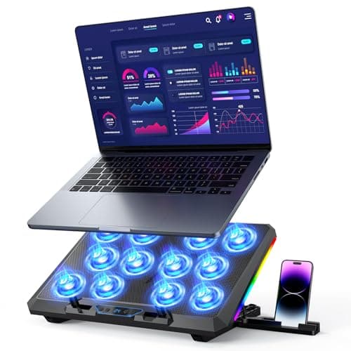 Trullypine Laptop Cooling Pad with 12 Quiet Fans Slim Portable for 12173 Inch Laptop Cooler Stand RGB Lighting with 5 Height Adjustable Gaming Cooling Fan PadTwo USB Ports Phone Holder LCD