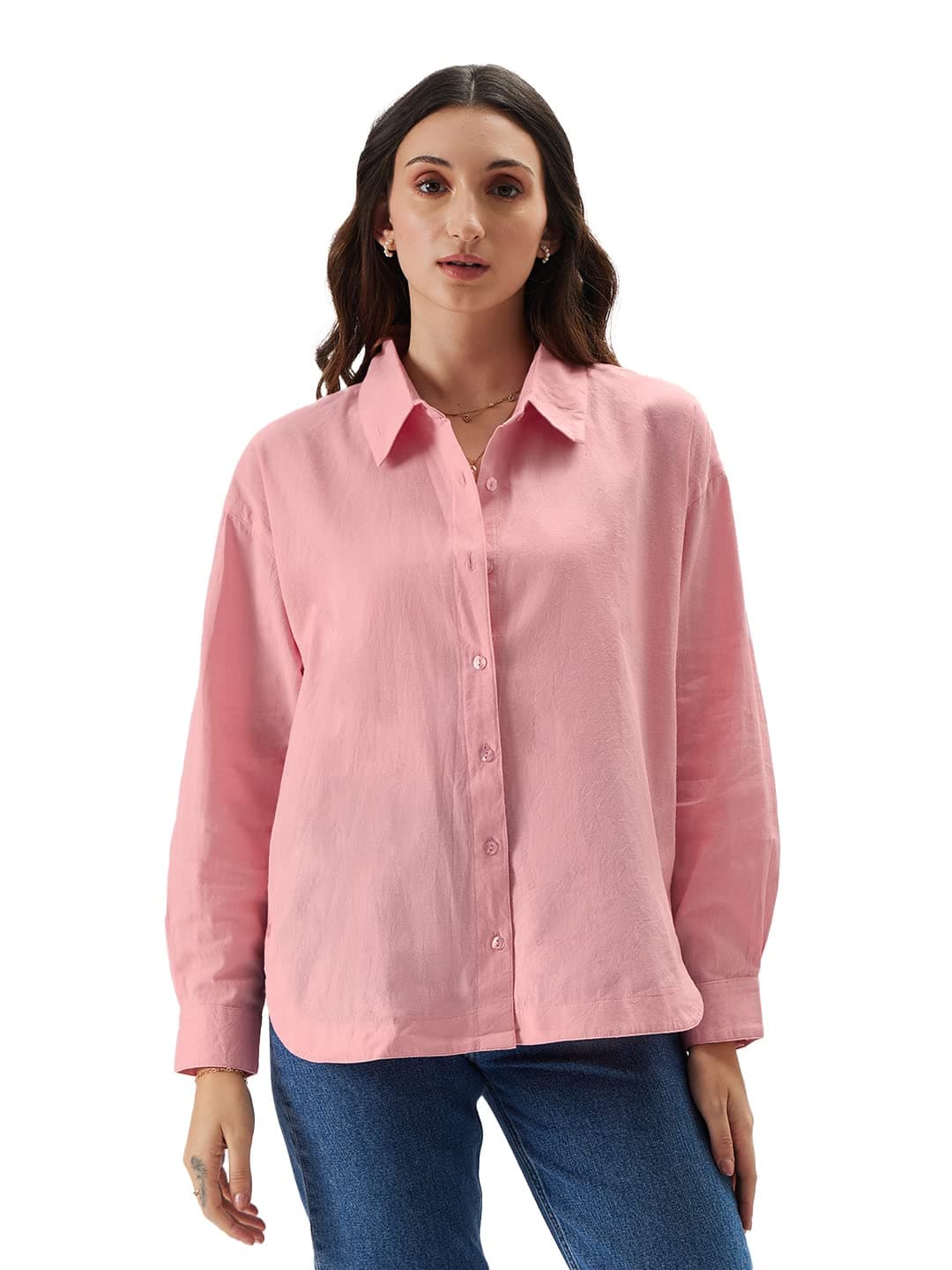 The Souled Store Solids: Pink Women and Girls Loose fit Full Sleeve Cotton and Linen Pink Color Women Boyfriend Shirts