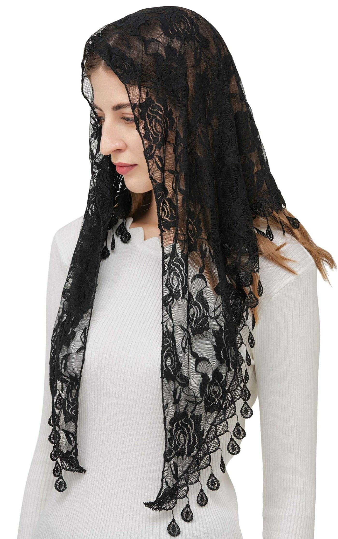 PAMOR Mass Veil Triangle Mantilla Cathedral Head Covering Chapel Veil Lace Shawl Latin Scarf (Black)