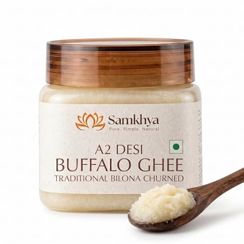 Samkhya Thick Danedar A2 Buffalo Ghee 1 ltr | Bilona Churned from Curd (Not Cream) | Rich Aroma, Grainy Texture | Traceable A2 from Free-range Grass-fed murrah Buffalo | Slow cooked in Iron Kadhai