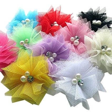 Chenkou Craft 20PCS Mesh Ribbon Flowers Bows WBeads Rhinstone Appliques Craft Lots Bulk