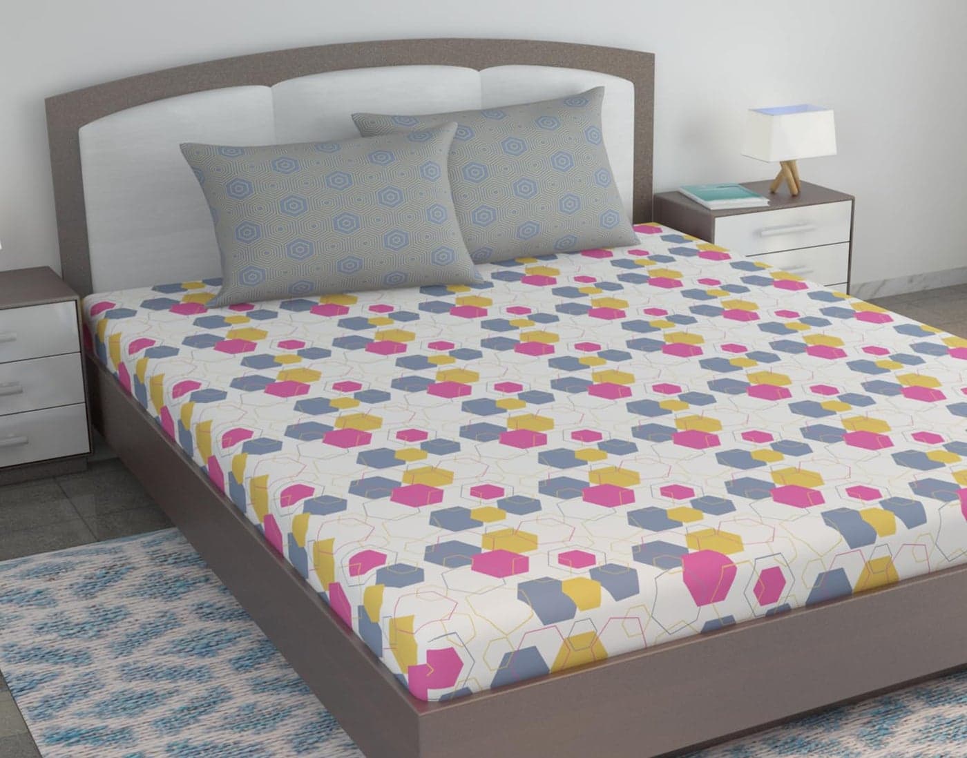 Divine Casa Cotton 144 TC King Size Bedsheet with 2 Pillow Covers | 222 By 270 cm | Yellow & Grey | Geometric