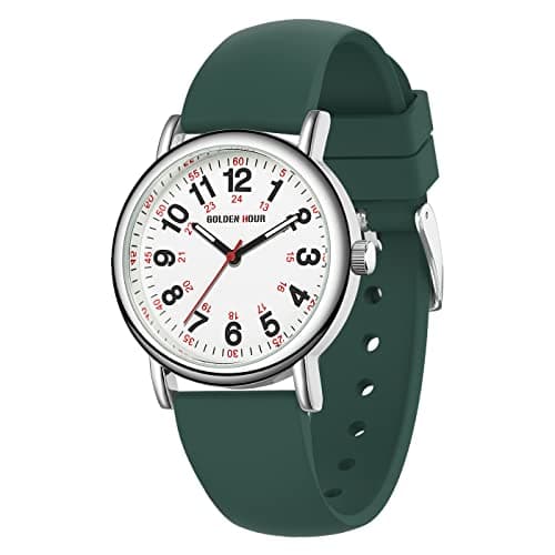 GOLDEN HOUR Waterproof Nurse Watch for Medical Professionals, Students Women Men - Military Time Luminouse Easy Read Dial, 24 Hour with Second Hand, Colorful Silicone Band Dark Green