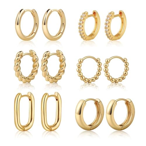 Tasiso Small Hoop Earrings for Women, 6 Pair 14K Gold Plated Lightweight Huggie Hoop Earrings Hypoallergenic Earring Set Earrings Pack for Women Trendy Jewelry Gifts