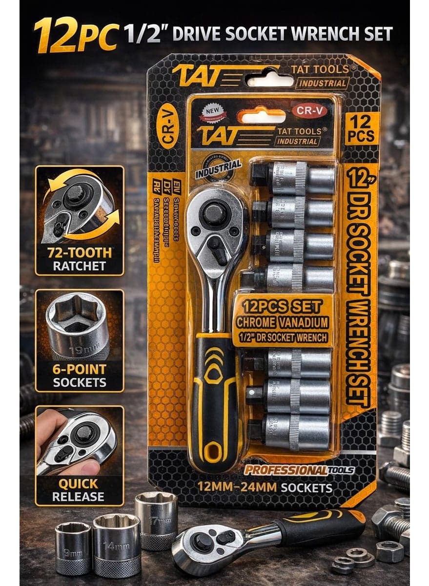 ls 1/2 Inch Drive Socket Wrench Set 12PCS, Chrome Vanadium Steel CR-V, 72-Tooth Ratchet Handle, 6-Point Metric Sockets 12–24mm