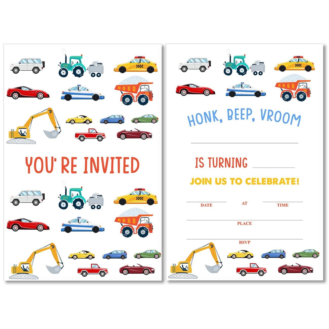 Soiceu Cute Transportation Birthday Invitations with Envelopes Set of 20 Cars Truck Vehicle Birthday Party Invites for Boys Girls