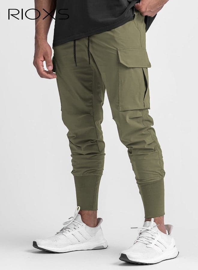 Men's Green Jogger Pants, Mid-Rise Athletic Trousers with Drawstring Waist and Side Pockets, Tapered Cuff Workout Pants for Gym, Running and Streetwear, Elastic Cuff Sweatpants, Urban Workout Pants, Young Men's Street Style Bottoms