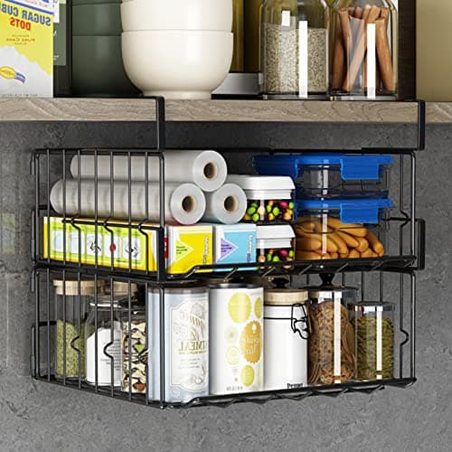 Under Shelf Storage Baskets Foldable Carbon Steel Under Cabinet Basket for Kitchen Cabinets Pantries Bookshelves Desk SpaceSaving Storage Solution Black 2 Pack
