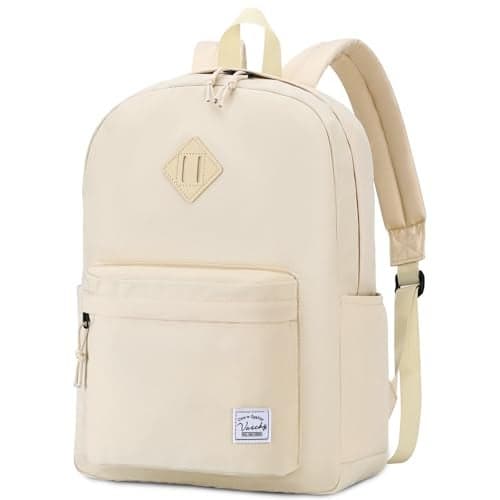 VASCHY Lightweight Backpack for School Water Resistant Classic Bookbag with Side Pockets for GirlsKidsTeens Beige