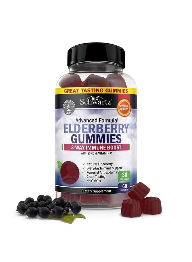 Elderberry Gummies with Zinc and Vitamin C for Adults & Kids - Natural Immune Support - Black Sambucus Elderberries - Powerful Multiminerals Supplement - Gluten-Free, Non-GMO, Made in USA, 60 ct