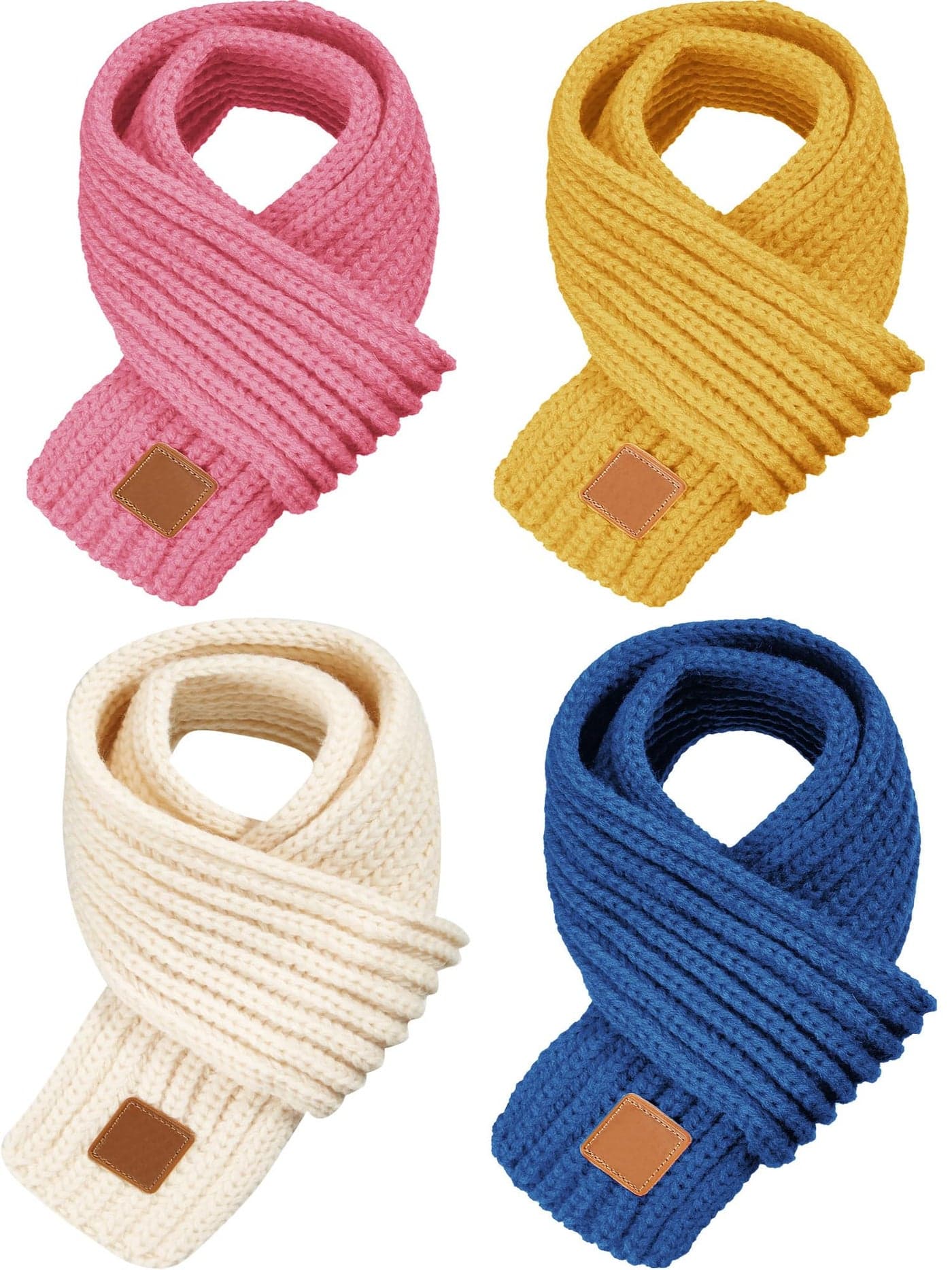 4 Pieces Kids Knitted Scarf Winter Solid Color Toddler Warmer Scarf for Boy Girl (Pink, Yellow, Beige, Royal Blue)