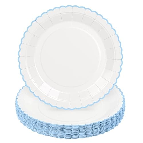 ZUQMZUQ 30 Pcs Blue and White Paper Plates, 9 Inch Baby Shower White Dinner Plates, Baby Blue Scalloped Paper Plates Party Supplies for Baby boy Shower, Wedding, Birthday, Bridal Shower