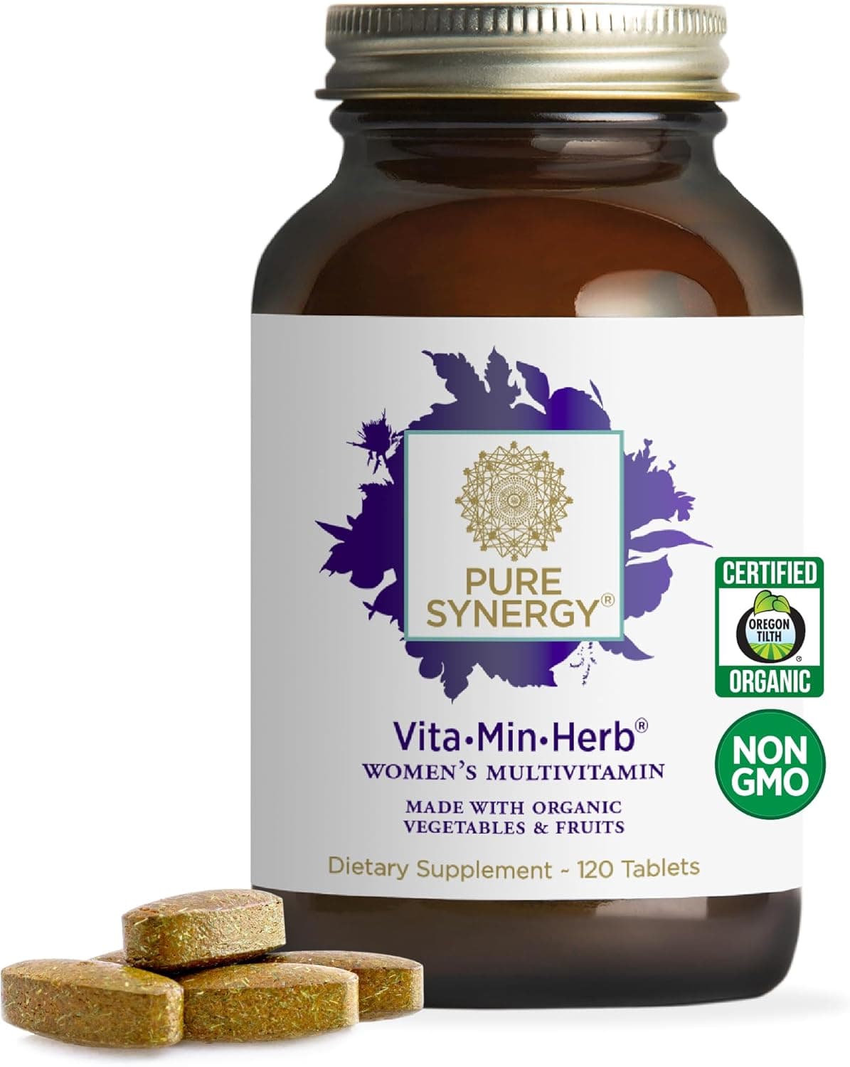 PURE SYNERGY VitaMinHerb for Women Womens Comprehensive Multivitamin Supplement Made with Organic Whole Food NonGMO Vegan Ingredients Supports Energy Immune Health 120 Tablets