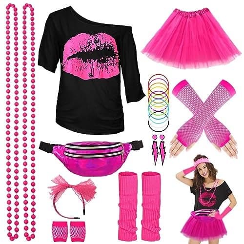 WILDPARTY 80s Costume Accessories for Women, T-Shirt Tutu Fanny Pack Headband Earring Necklace Fishnet Gloves Legwarmers 80s Party Halloween Outfit for Women 24PCS (Pink XXL)