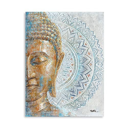 Gold Buddha Canvas Wall Art: 3D Textured Mandala Flower Blossom Buddha Painting Zen Print Picture on Blue for Yoga Meditation Room Bedroom Framed and Ready to Hang 12"x16"