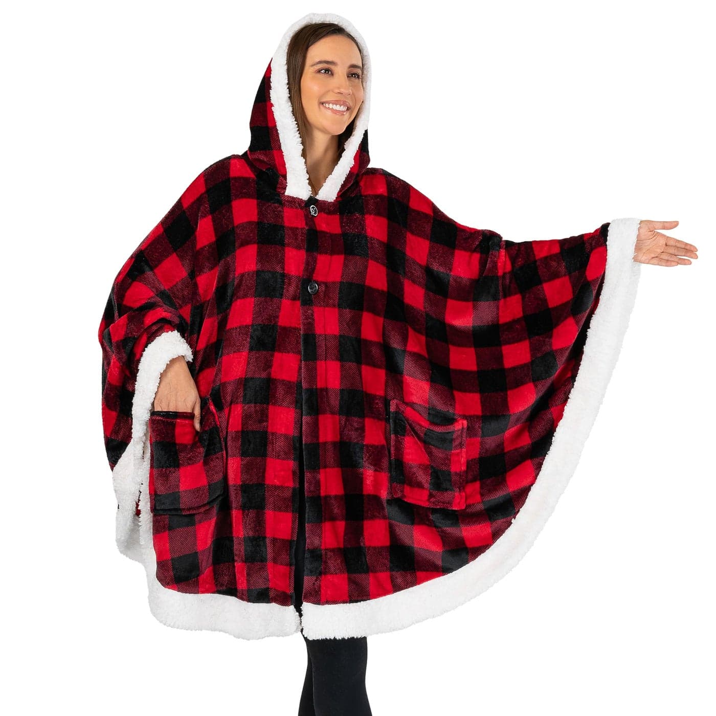 PAVILIA Wearable Blanket for Adult Women Cozy Plush Fleece Blanket Poncho Cape with Hood Super Soft Shawl Angel Wrap Throw for Office Black and Red Buffalo Plaid Checkered