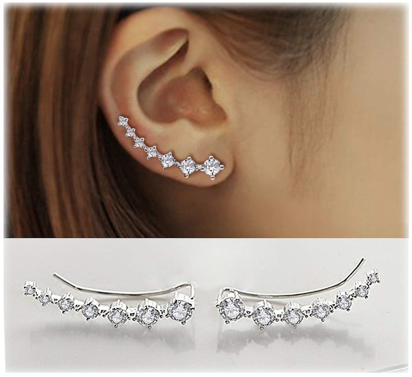Sterling Silver Climber Earrings for Women 7 Crystals Ear Cuffs Cartilage Hypoallergenic Jewelry Dainty Fashion Birthday Gift for Women (Silver)