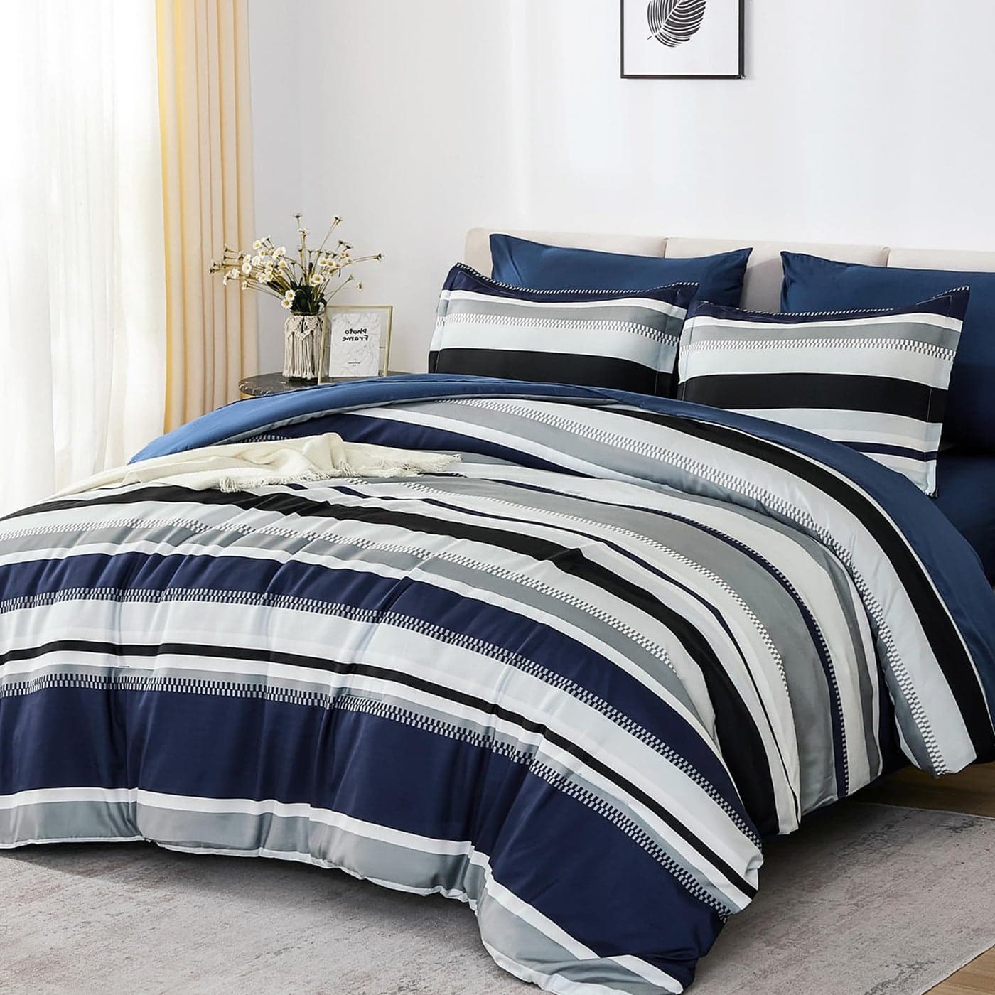WONGS BEDDING Queen Comforter Set 7 Pieces Blue Comforter Set Queen Soft Striped Bed in a Bag Bedding Set with Comforter Flat Sheet Fitted Sheet Pillow Shams Pillowcase