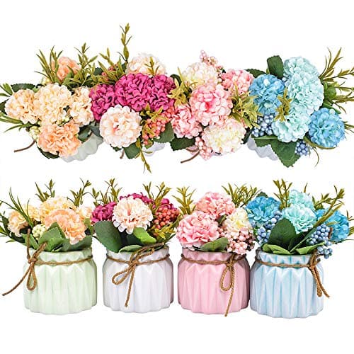 XONOR Artificial Flower Plants – Mini Fake Hydrangea Flowers in Pot for Home Decor Party Wedding Office Patio Table Desk Decoration, Set of 4, Size: 3.3''(Diameter) x 5.5''(Tall)