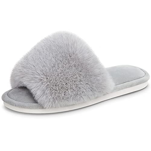 Parlovable Women's Faux Fur Slippers Fuzzy Flat Spa Fluffy Open Toe House Shoes Indoor Outdoor Slip on Memory Foam Slide Sandals Grey 9-10