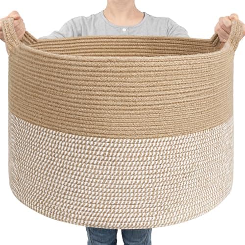 Goodpick Large Woven Storage Basket 217x138 Inch White Jute Laundry Hamper with Handles for Clothes Blankets Pillows Blanket Basket for Living Room Bedroom