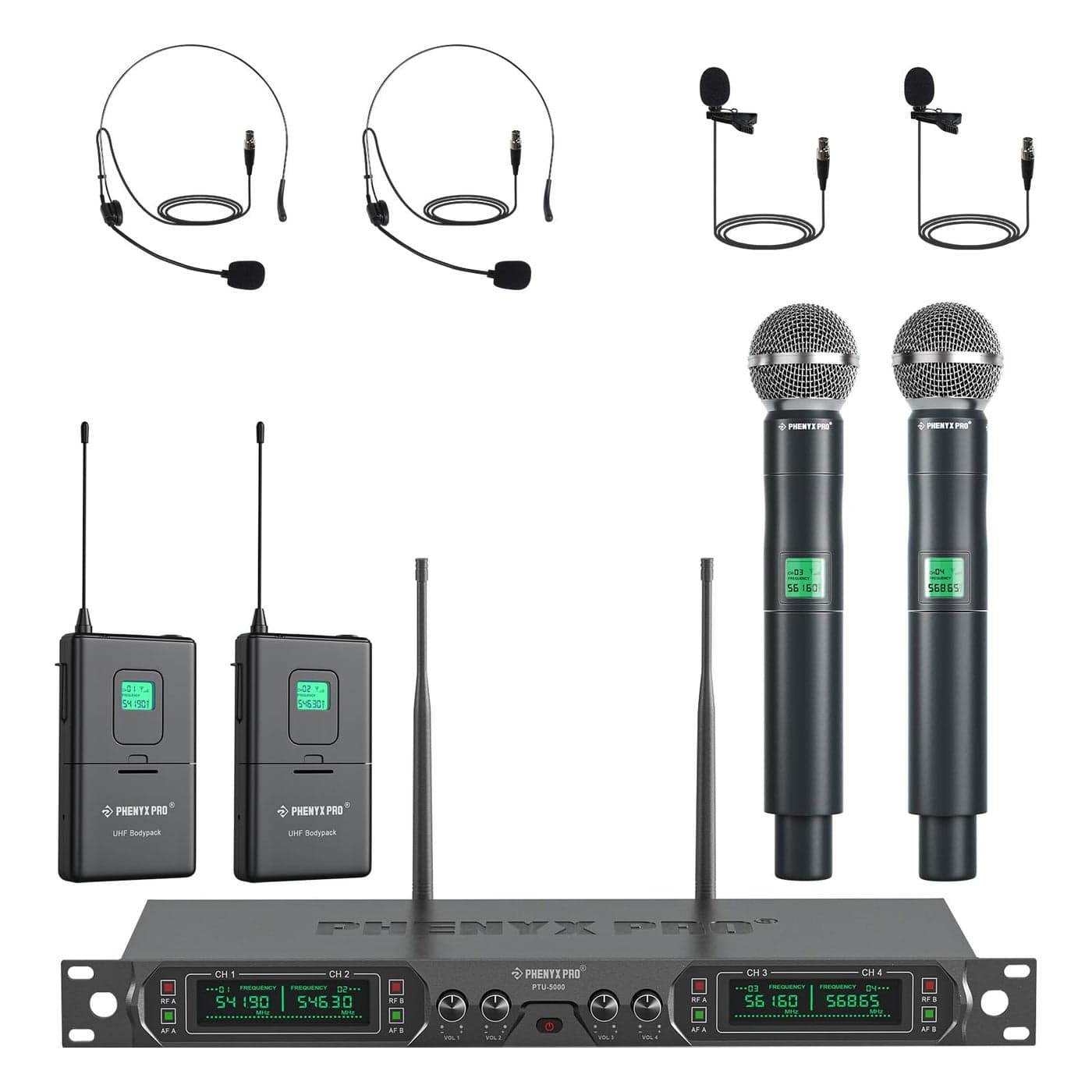 Phenyx Pro Wireless Microphone System, 4-Channel UHF Wireless Mic Set with Handheld/Bodypack/Headset/Lapel Mics, Fixed Frequency Metal Cordless Microphone for Church,Singing,DJ(PTU-5000-2H2B)