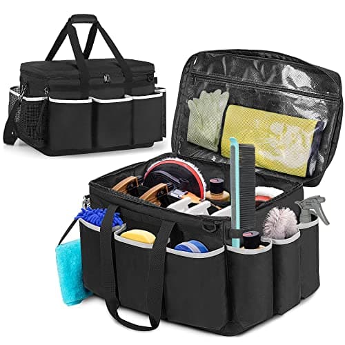 HODRANT Extra-Large Detailing Bag with Waterproof EVA Hard Bottom, Auto Detail Supplies Organizer for Polisher, Bottles & Detailing Kit, Car Care Tools Tote with Lid & Shoulder Strap, Patent Design
