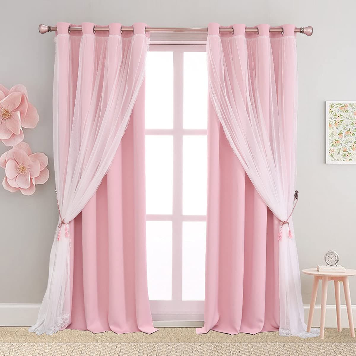 SOFJAGETQ Double Layered Blackout Pink Curtains 2 Panels Princess Draperies for Girls Bedroom Living Room Nursery Pink Lace Hem Room Darkening Curtains 52x84 inches