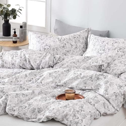ALEISSEL Vintage 100% Natural Cotton Duvet Cover Sets 3Pcs - Elegant Charcoal Gray Sketch Butterflies on White, Artistic Bedding Set with Button Closure(King,104"×90"