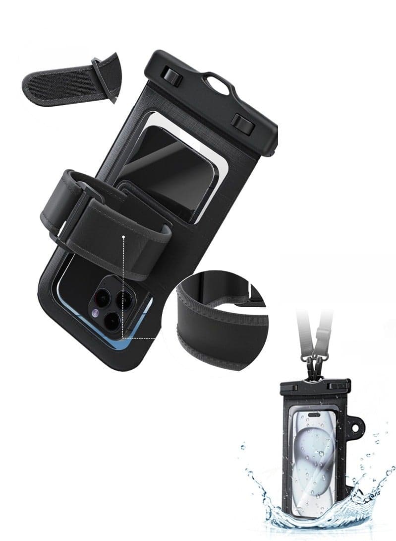 Waterproof phone holder armband with protective case, suitable for swimming, surfing, running, walking and other sports. Fits standard-sized phones up to 5.9 inches (15 cm).