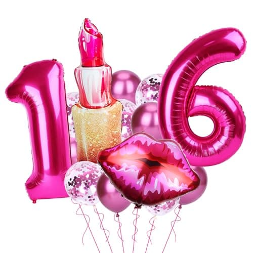 13Pcs Hot Pink 16 Balloon Numbers 40 Inch Hot Pink Lips Lipstick Aluminum Foil Balloons Sweet 16th Birthday Decorations for Girls Hot Pink Balloons for Anniversaries Happy Birthday Decorations