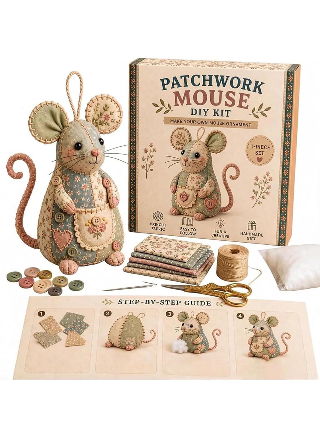 Patchwork Mouse DIY Sewing Kit for Beginners & Adults, Complete Handmade Craft Set with Floral Fabric, Stuffing & Buttons, Creative Cute Mouse Ornament Hand Sewing Project Kit, Style B