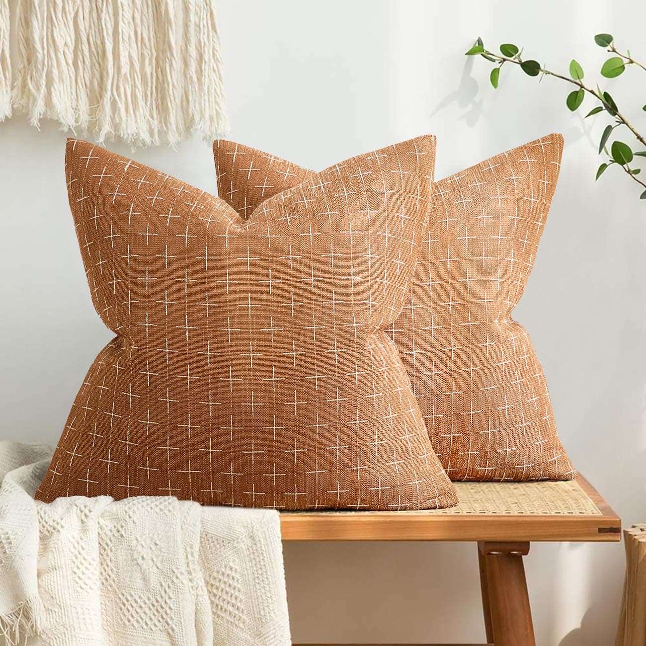 MIULEE Pack of 2 Decorative Burlap Linen Throw Pillow Covers Farmhouse Pillowcases Modern Rustic Woven Textured Cushion Cover for Sofa Couch Bed 18x18 Inch Brick
