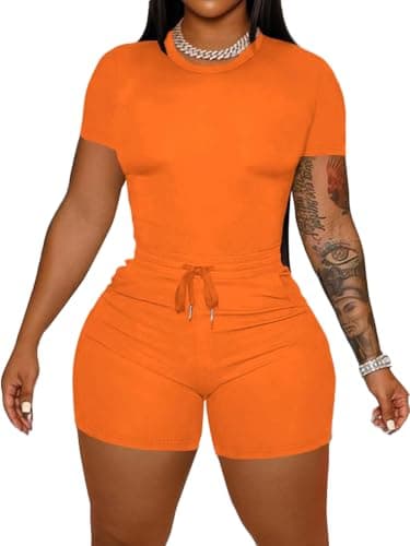 HBQ Women 2 Piece Outfits Summer Sweatsuits Track Suits Crop Tops Biker Short Workout Jogger Sets Orange S