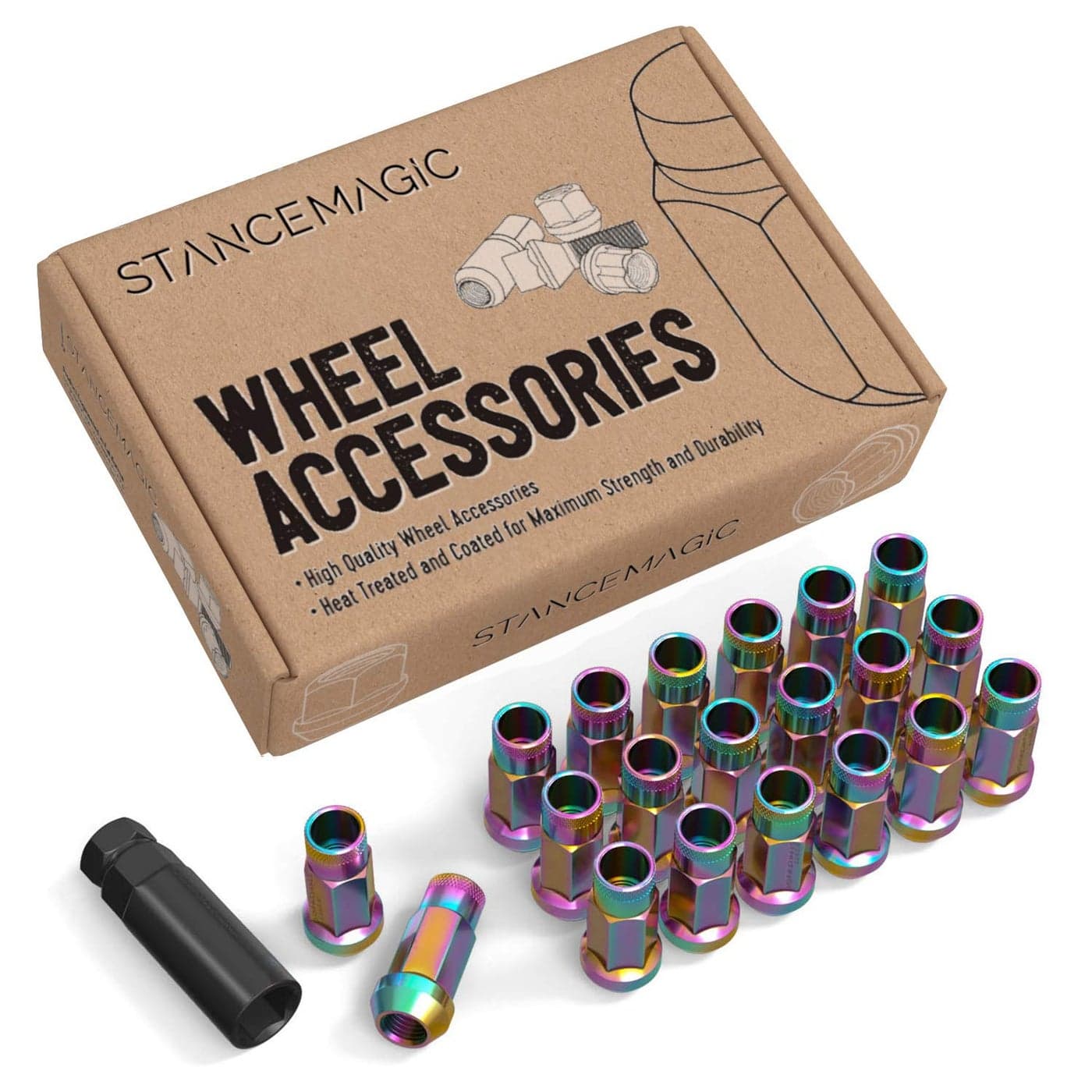 StanceMagic 20pcs Neochrome 12x125 Extended Tuner Lug Nuts Open End Cone Taper Acorn Seat 50mm 2 Length 22mm 087 Width 17mm 1116 Hex Compatible with Nissan Infiniti Subaru and More